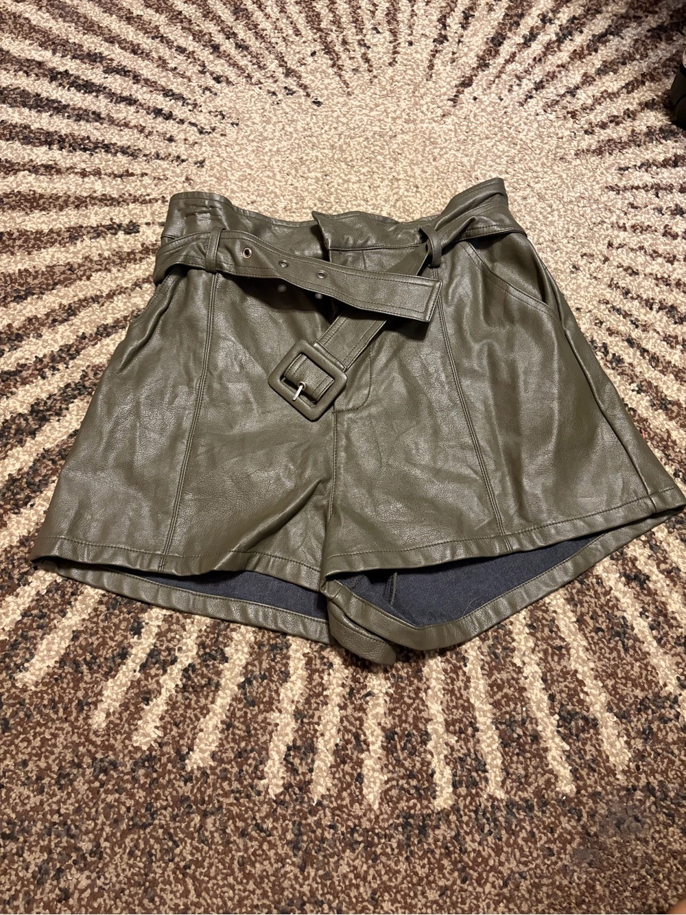 Altar'd State Olive Green Faux Leather High Waist Belted Shorts